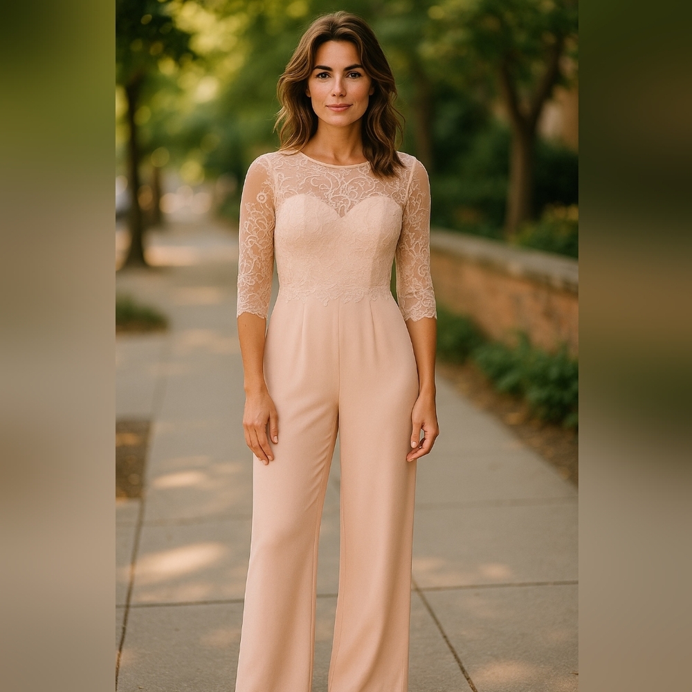 LanTing Bride Jumpsuit Lace Wide Leg Blush Pink Medium Mother Of The Bride NWT‎